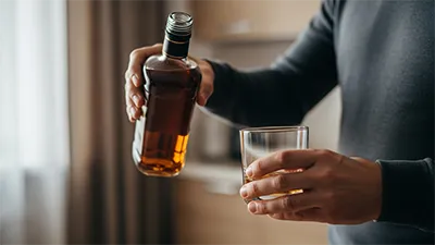 Мужчина держит в руках бутылку и стакан